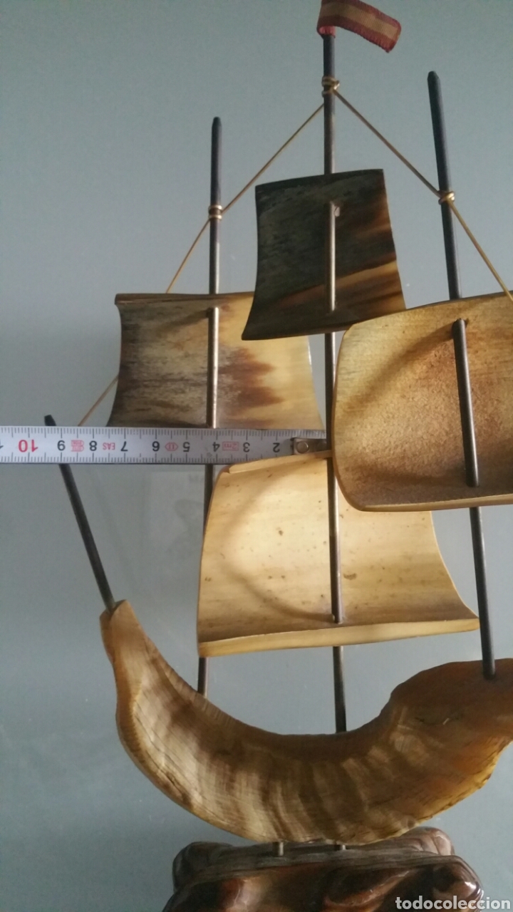 Vintage: Barco realizado en asta, base con term&oacute;metro ( no funciona ). - Foto 16