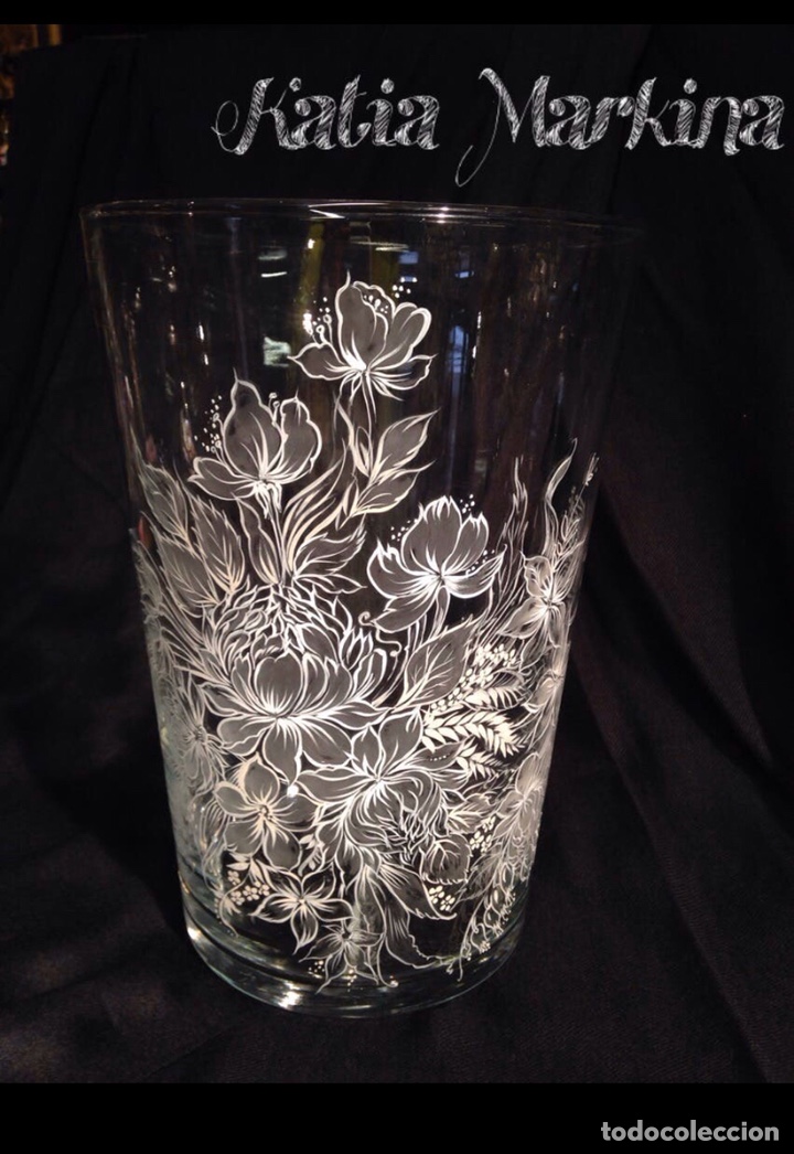 Vintage: Jarr&oacute;n grande de cristal transparente pintado a mano alzada. Pura artesan&iacute;a.