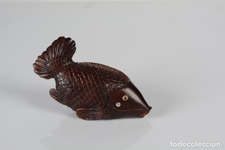 Vintage: Escultura y caja &ldquo;Pez&rdquo;. Madera tallada.