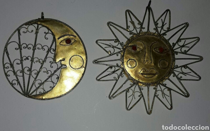 Vintage: Sol y luna en filigrana y lat&oacute;n dorados hechos a mano a&ntilde;os 60