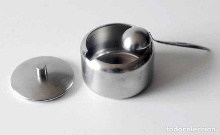 Vintage: Azucarero vintage de acero inoxidable marca BRA, Made in Spain con cucharilla marca Dalia Inox 18/10