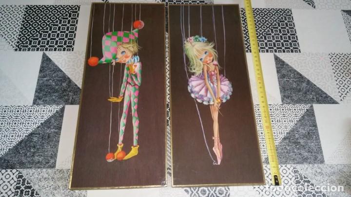 Vintage: 2 cuadros vintage dibujo sobre madera de marionetas Arlequ&iacute;n y bailarina a&ntilde;os 60 o 70