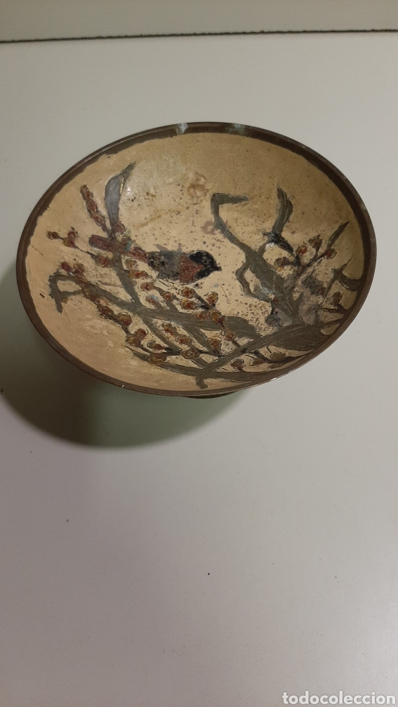 Vintage: Bonito centro de mesa de bronce peque&ntilde;o, decorado y pintado a mano, hecho en India. Vintage