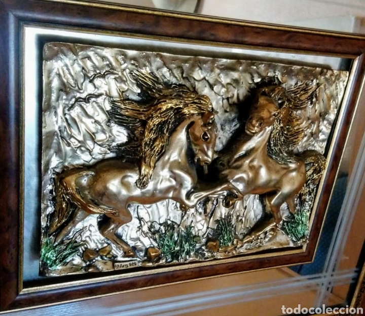 Vintage: CUADRO ESPEJO CABALLOS RELIEVE italiano plata