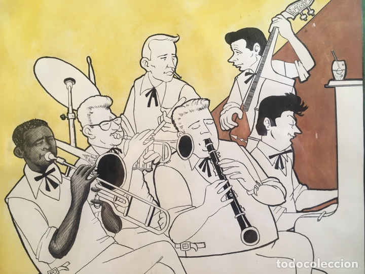 Vintage: Antiguo dibujo tinta Acuarela original club Jazz vintage cuadro con cristal a&ntilde;os 50