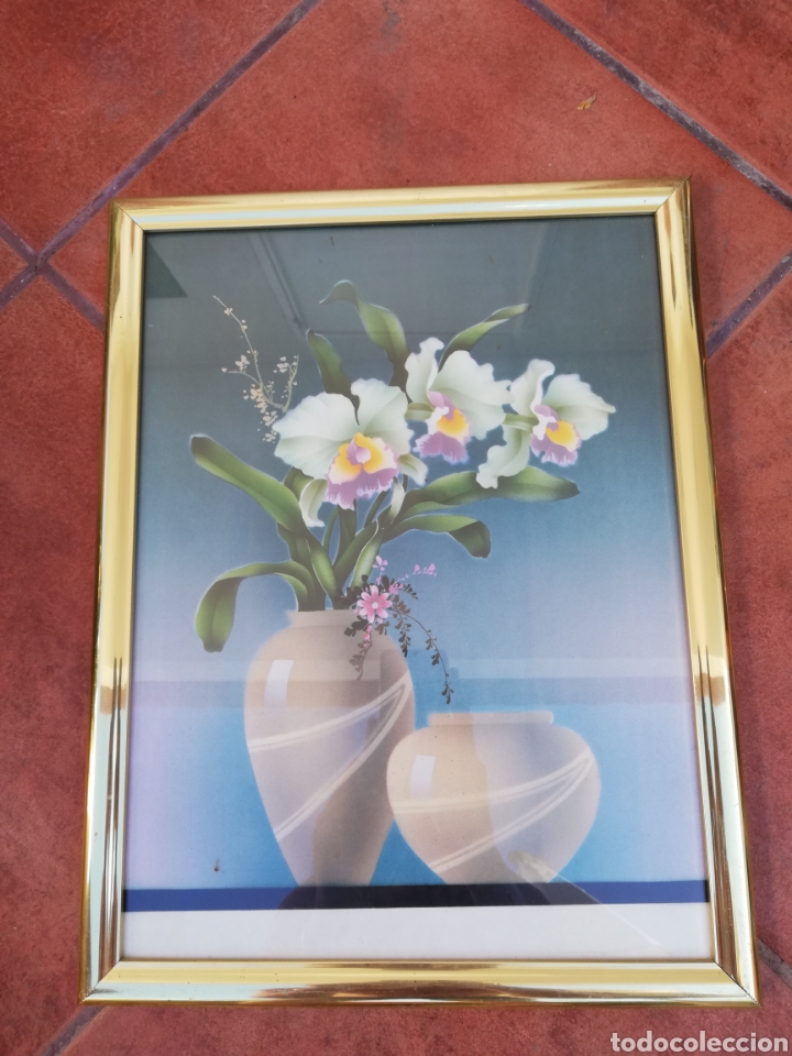 Vintage: Cuadro jarron con flores y marco en dorado - Foto 1