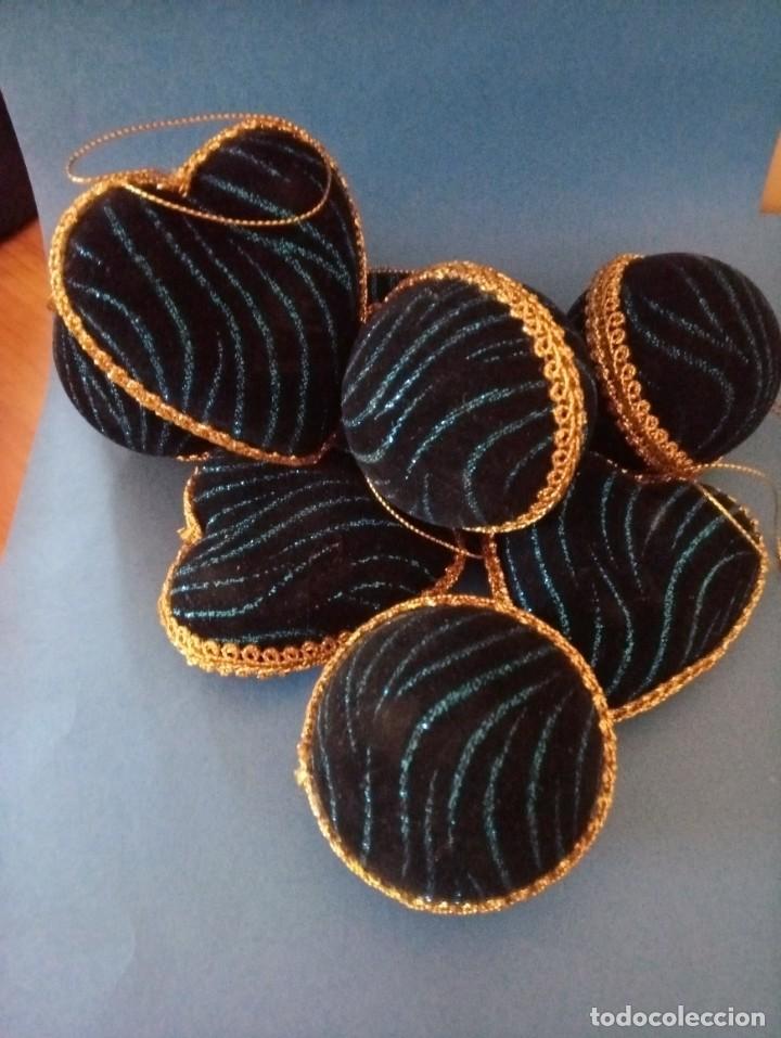 Vintage: NAVIDAD - ADORNO - LOTE 4 CORAZONES Y 4 BOLAS - AZUL OSCURO CON HILO PURPURINA AZUL BRILLANTE
