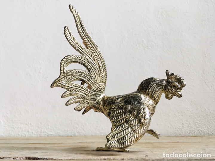 Vintage: GALLO DECORATIVO DE ALPACA PLATEADA FIGURA VINTAGE PARA MESA DE METAL BA&Ntilde;ADO EN PLATA