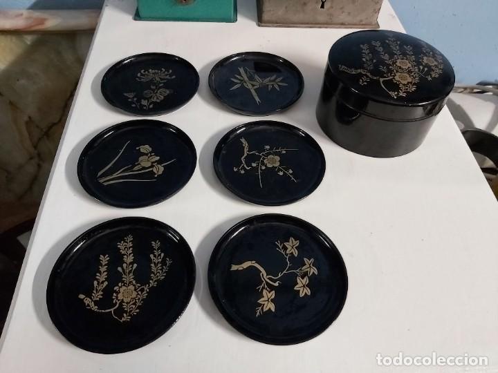 Vintage: SEIS POSAVASOS LACADOS EN NEGRO, ESTILO ORIENTAL.
