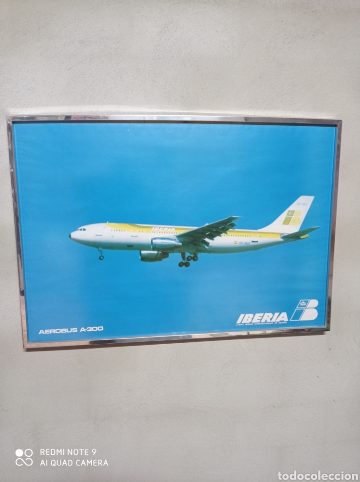 Vintage: Gran fotograf&iacute;a enmarcada en acero.publicidad de Aerol&iacute;neas Iberia. Avi&oacute;n Aerob&uacute;s A-300. A&ntilde;os 70