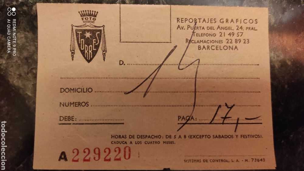 Vintage: Foto Torres, Barcelona. Ticket. - Foto 2