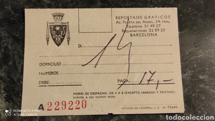 Vintage: Foto Torres, Barcelona. Ticket. - Foto 1