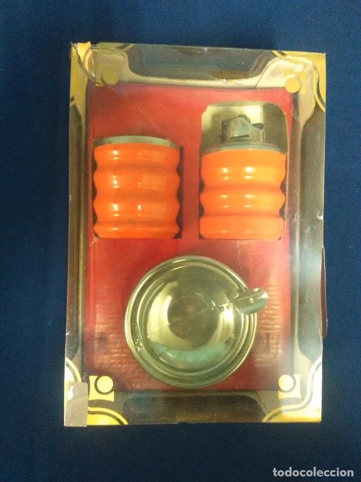 Vintage: CONJUNTO JUEGO FUMADOR NARANJA VINTAGE CENICERO MECHERO PITILLERA