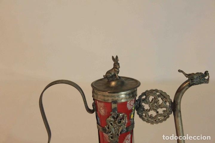 Vintage: TETERA CHINA ROJA Y METAL - Foto 3