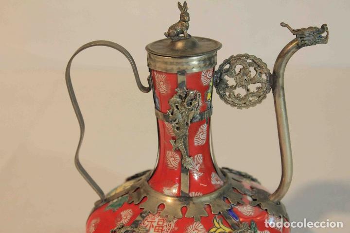 Vintage: TETERA CHINA ROJA Y METAL - Foto 4