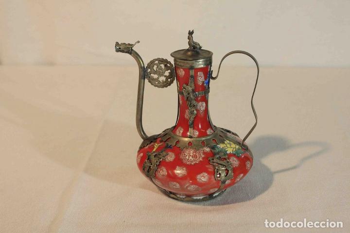 Vintage: TETERA CHINA ROJA Y METAL - Foto 7