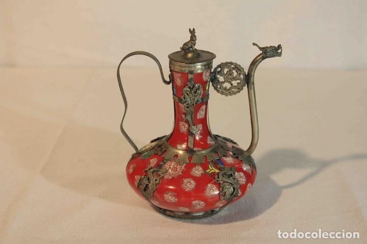 Vintage: TETERA CHINA ROJA Y METAL - Foto 1