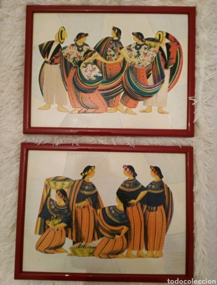Vintage: 2 cuadros en papel coloridos de artesan&iacute;a de Guatemala