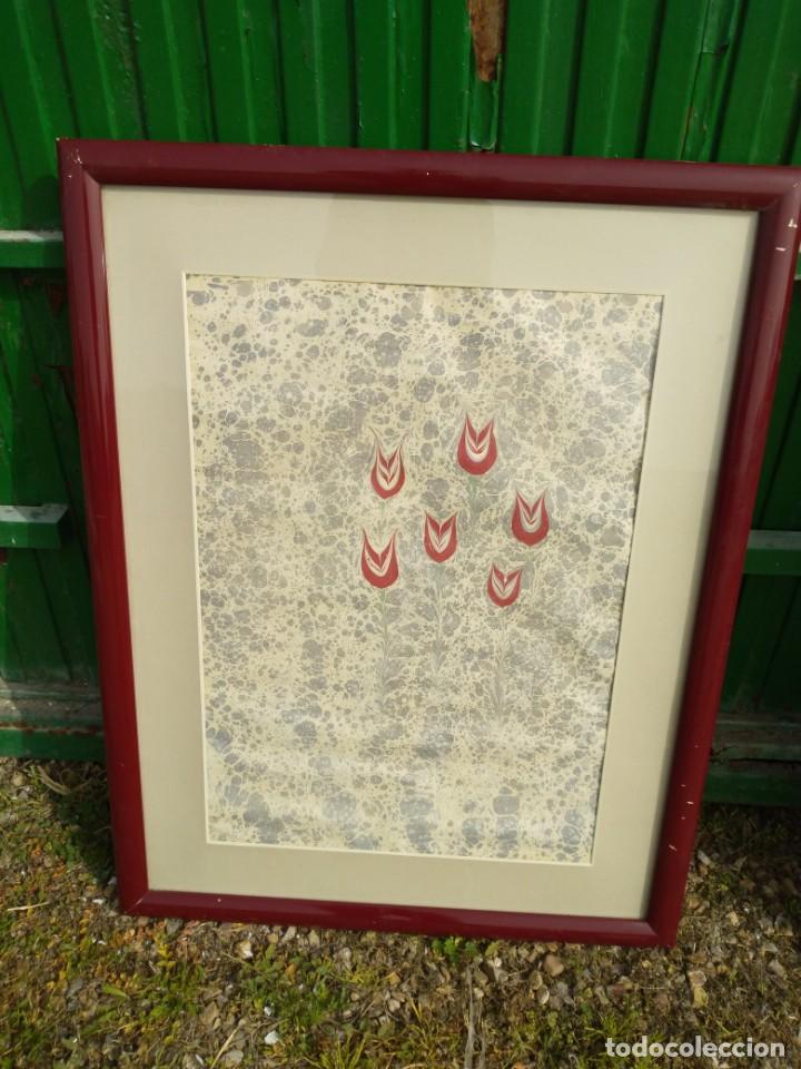 Vintage: ALBERTO VALESE CUADRO ENMARCADO PAPEL FLORES T&Eacute;CNICA EBRU MEDIDA 91X71 CM. FIRMADO A. VALESE