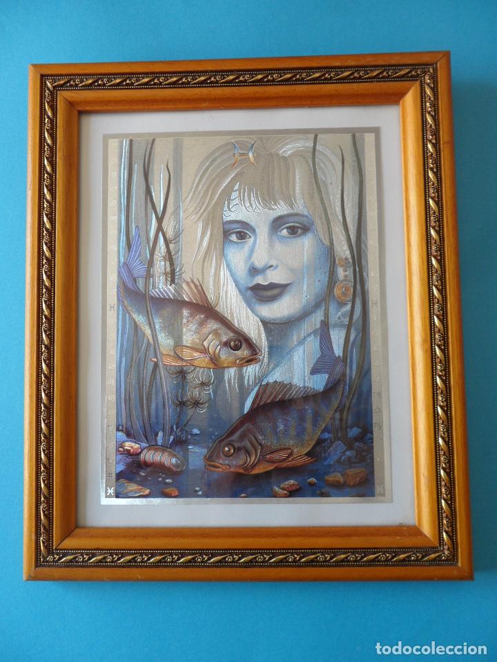 Vintage: L&aacute;mina Holograma enmarcada del signo Zodiacal Piscis - Vintage