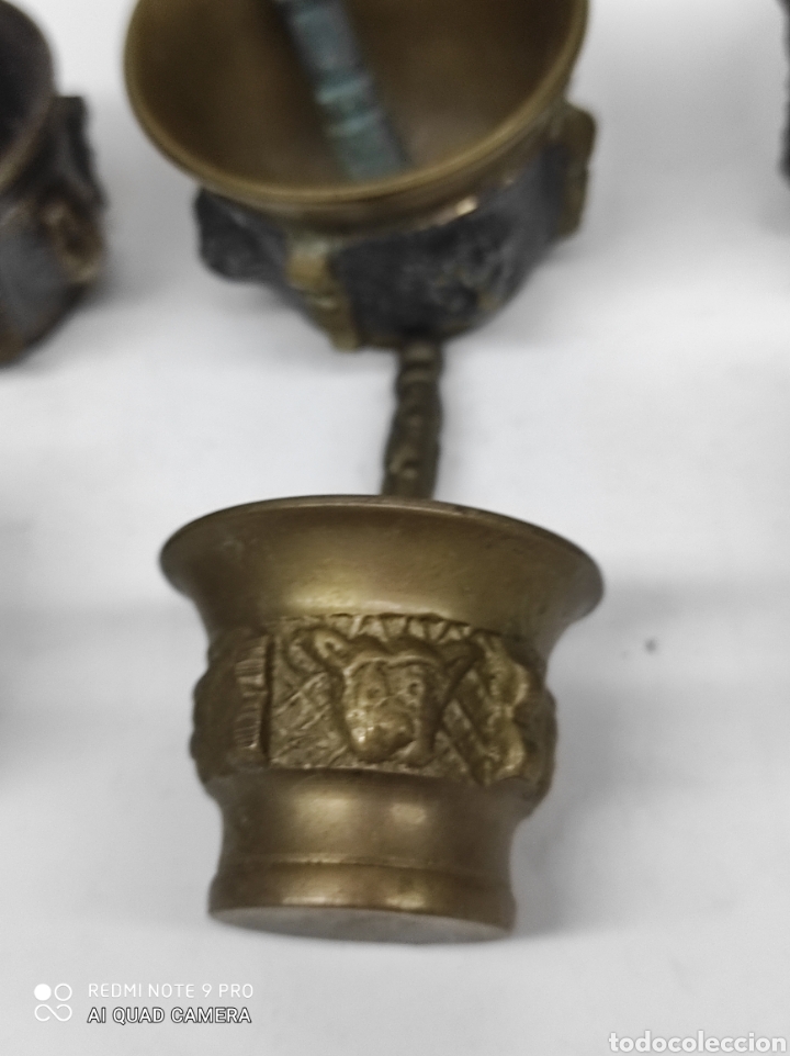 Vintage: Seis peque&ntilde;os morteros miniatura bronce. - Foto 4