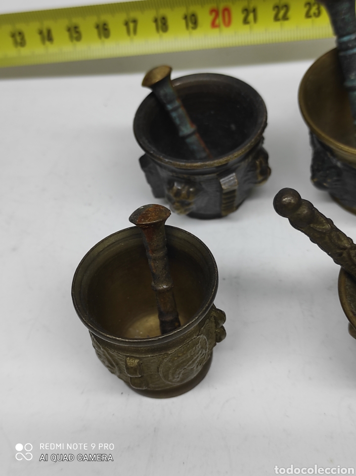 Vintage: Seis peque&ntilde;os morteros miniatura bronce. - Foto 7