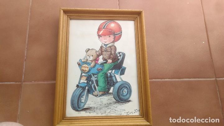 Vintage: Cuadro Mary May Ni&ntilde;o con moto marco de madera 34x25 1970
