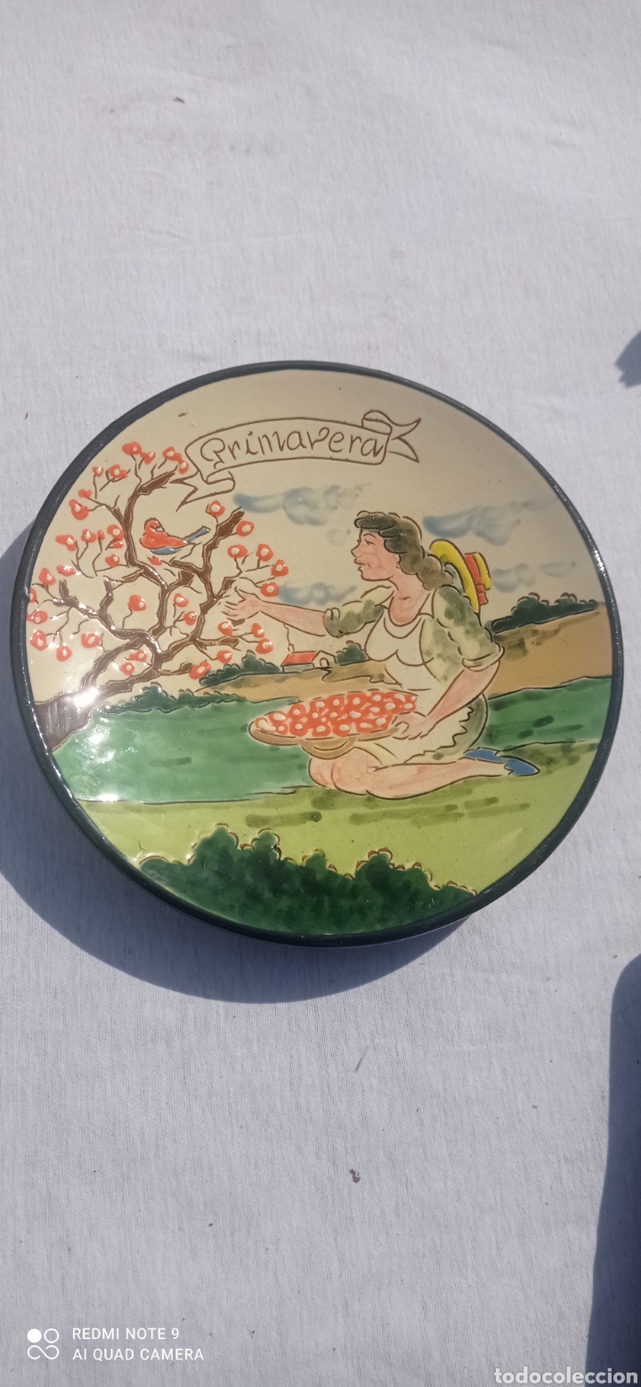 Vintage: Plato cer&aacute;mica primavera, pintado a mano decorativo colgar