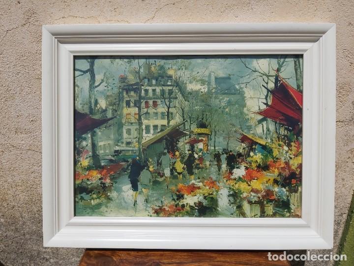 Vintage: Mercado en Par&iacute;s. L&aacute;mina enmarcada con cristal. En buen estado.