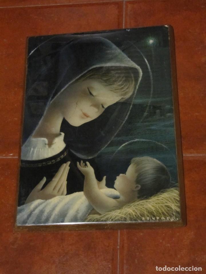 Vintage: CUADRO EN MADERA PRIMERA COMUNION VIRGEN MARIA CON EL NI&Ntilde;O JESUS (39 X 29 CM)