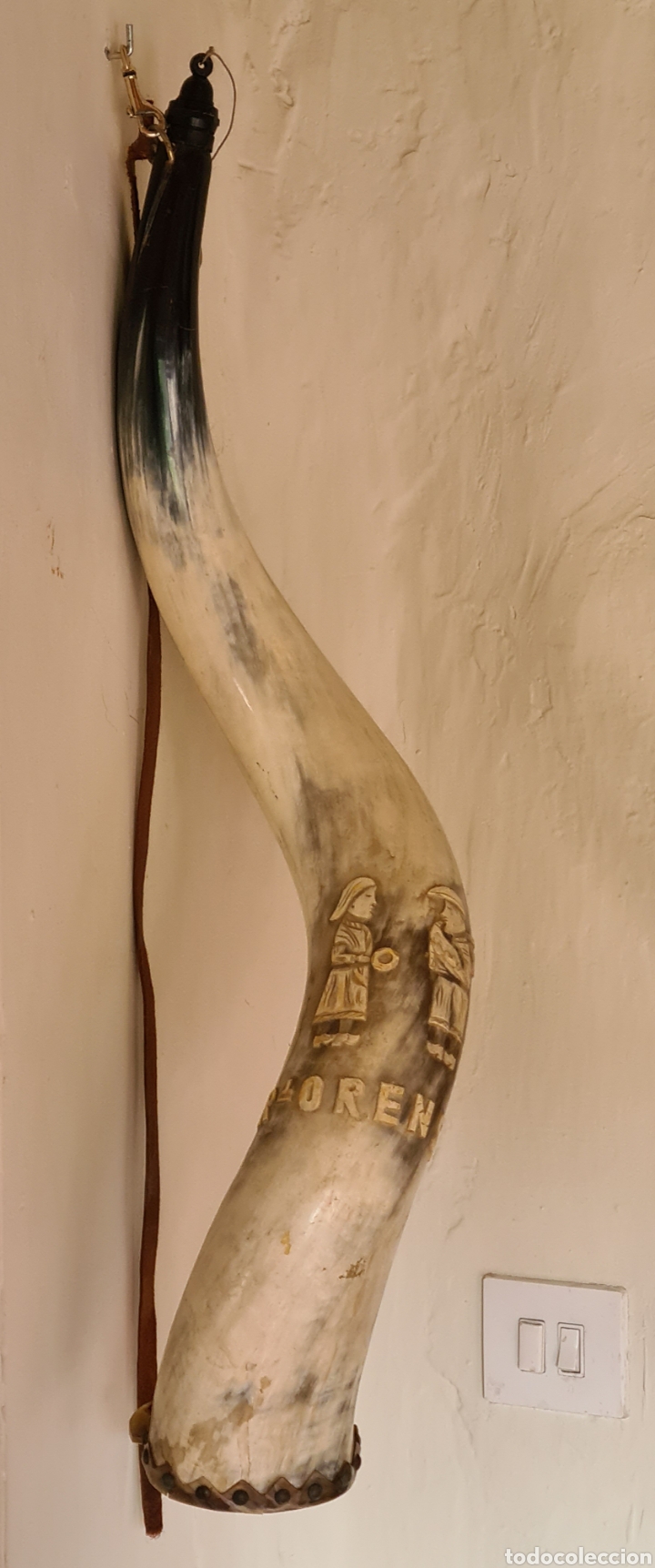 Vintage: Cuerna Asta Toro 80 cms Bota Vino Recuerdo Ourense Talla M&uacute;sicos Gallegos Galicia Decoraci&oacute;n R&uacute;stica