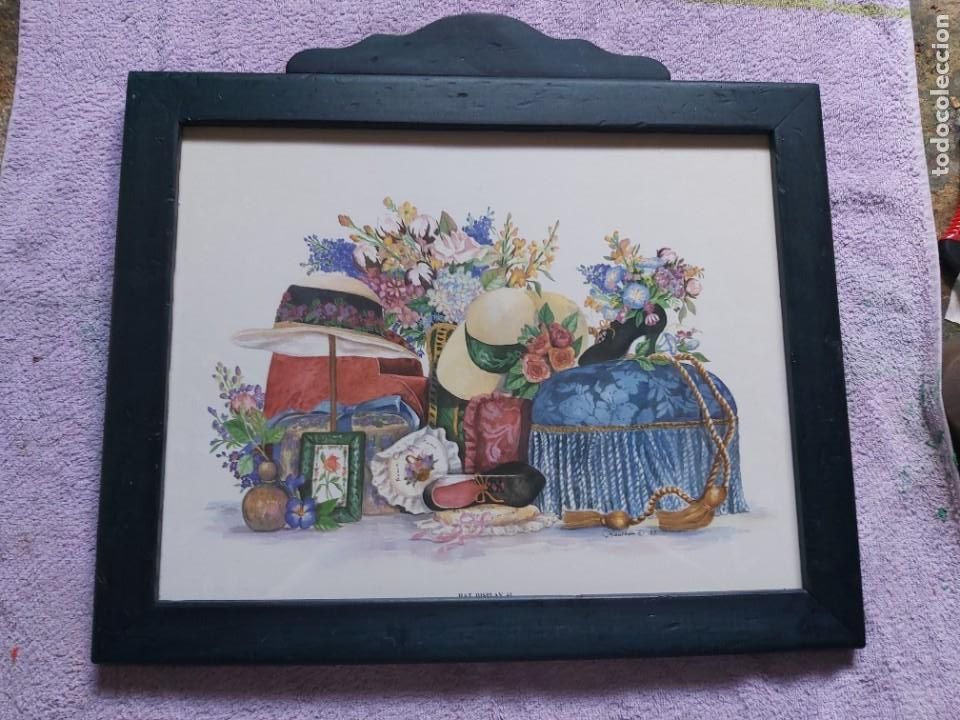 Vintage: Sombreros. L&aacute;mina con marco de madera azul.