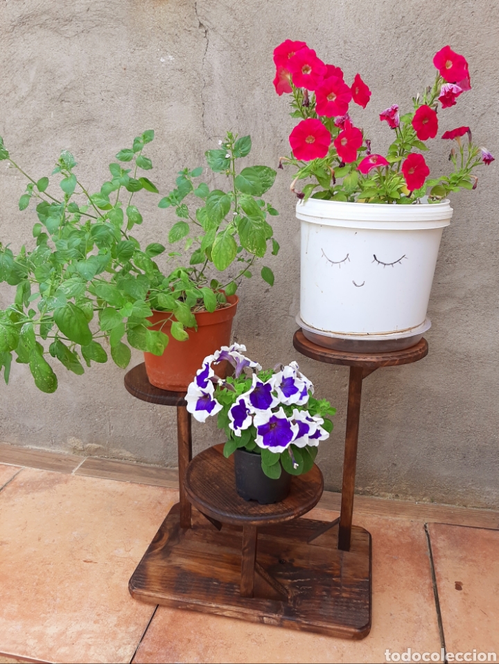 Vintage: Macetero madera para 3 plantas, taburete - Foto 2