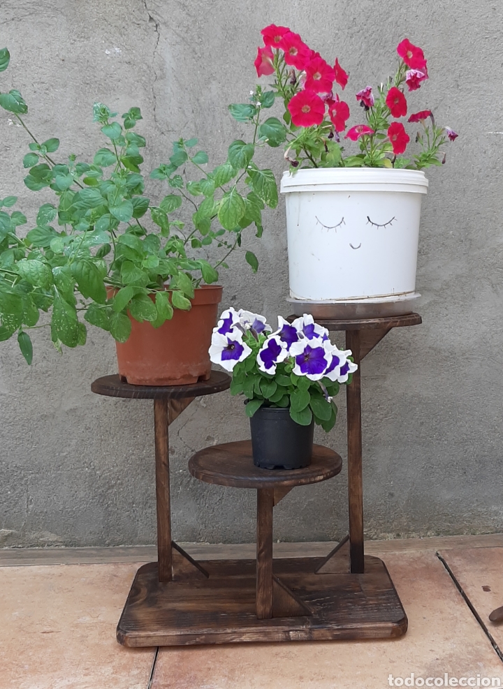 Vintage: Macetero madera para 3 plantas, taburete