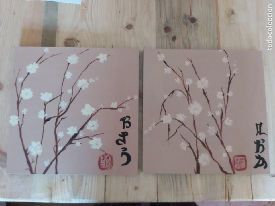 Vintage: G Ramas con flores. Oriental. L&aacute;minas sobre tabla de madera.