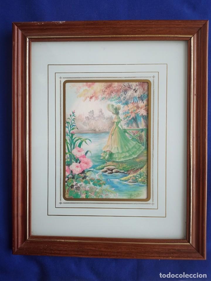 Vintage: Cuadro decorativo con ni&ntilde;a a orillas de un lago.