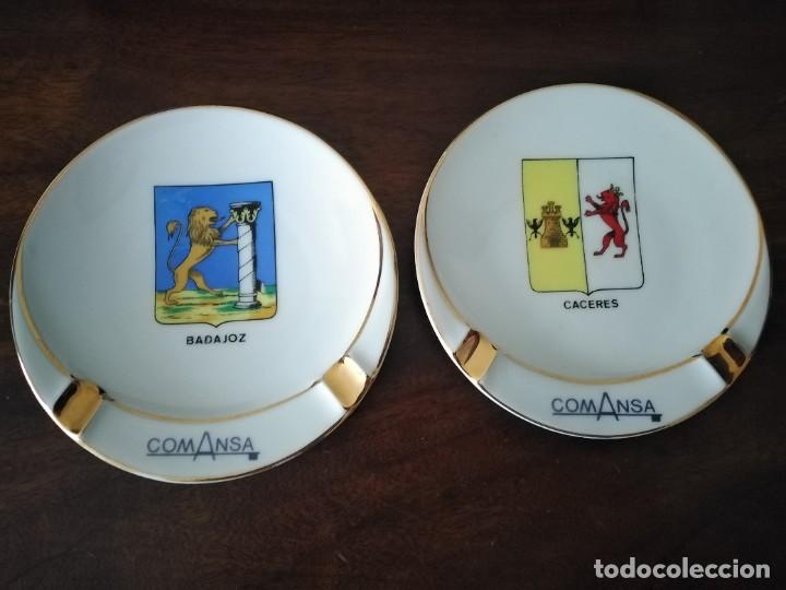 Vintage: Pareja de platillos ceniceros con los escudos de Badajoz y C&aacute;ceres. Porcelanas Fraespa. Comansa.