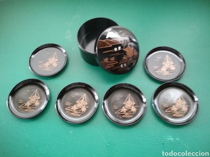 Vintage: Posavasos con cajita lacada oriental