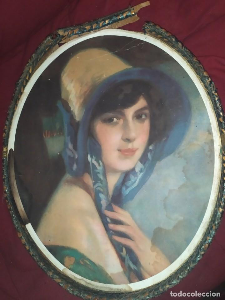 Vintage: PRECIOSA ANTIGUA BANDEJA PATITAS CON IMAGEN CHICA &Eacute;POCA GUAPA &Uacute;NICA? MIMBRE RESTAURAR