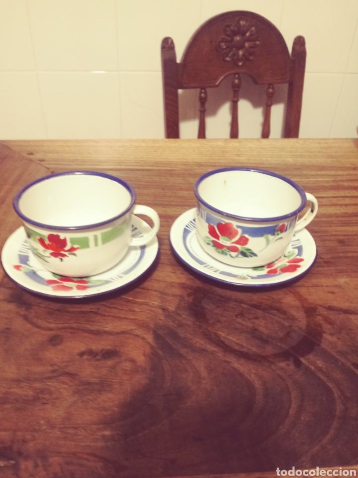 Vintage: 2 tazas con plato de metal esmaltado BUMPER HARVEST