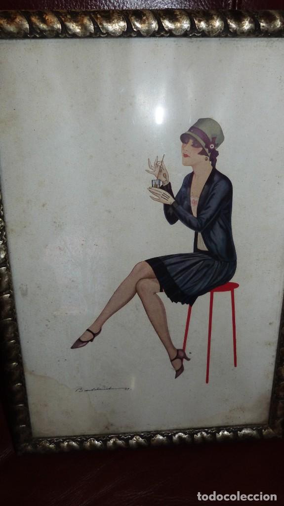 Vintage: LAMINA MODELO A&Ntilde;OS 20, ENMARCADO , PRESENTA ALGUNA MANCHA HUMEDAD, MARCO 40X28, MADERA