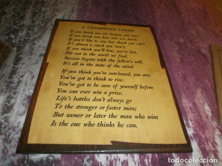 Vintage: Cartel poema motivacional A Champion&acute;s Creed - Thinking Creyendo papel sobre madera 30X23 cm.