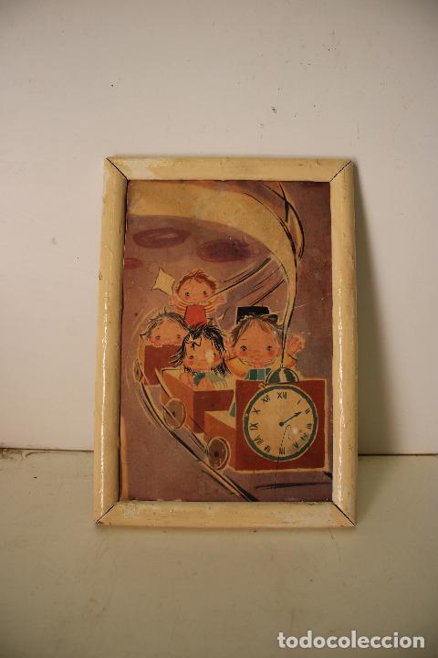Vintage: antiguo cuadro infantil de tren con ni&ntilde;os y reloj