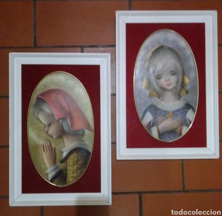 Vintage: Pareja de cuadros vintage religioso marco de madera blanca y fondo de terciopelo
