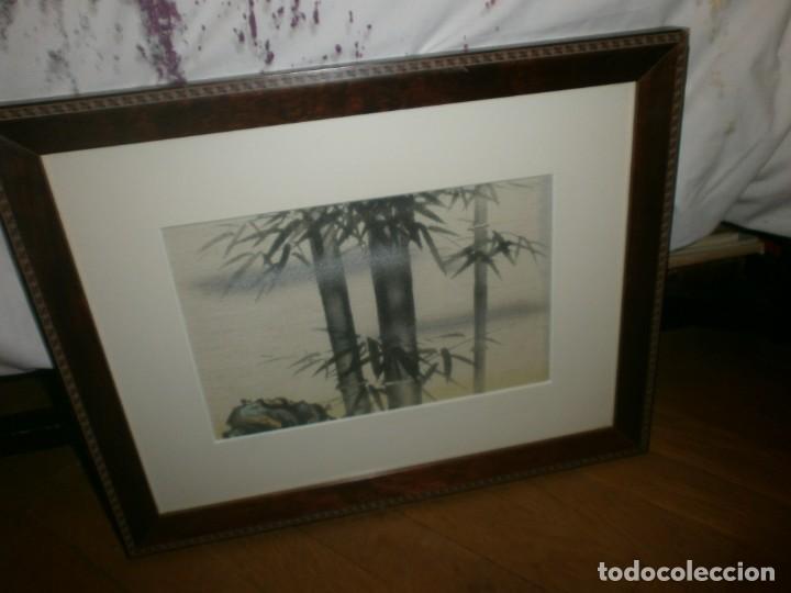 Vintage: Cuadro dibujo oriental Textil tela brotes de bamb&uacute; marco 44x34 cm. hueco 26X17 cm.