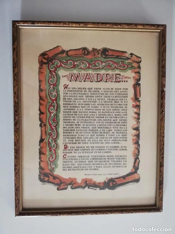 Vintage: ANTIGUO CUADRO &rdquo;MADRE&rdquo;. POEMA MONSE&Ntilde;OR RAMON ANGEL JARA. OBISPO CHILENO.