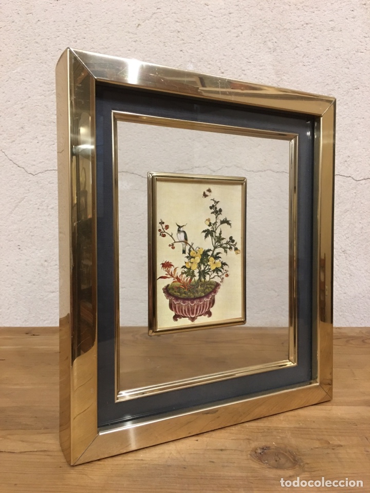 Vintage: Cuadro vintage con motivos orientales - Marco dorado latonado - Bonsai, p&aacute;jaro, flores, planta.