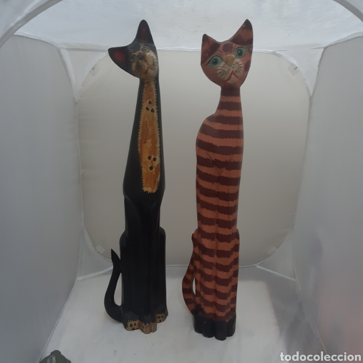 Vintage: Dos gatos en madera tallada