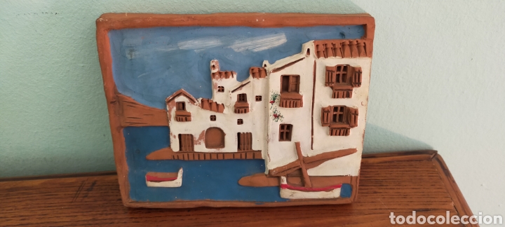 Vintage: Cuadro de barro .pueblo costero