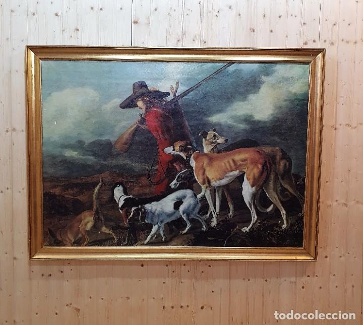 Vintage: -CUADRO CAZADOR CON PERROS - Foto 2